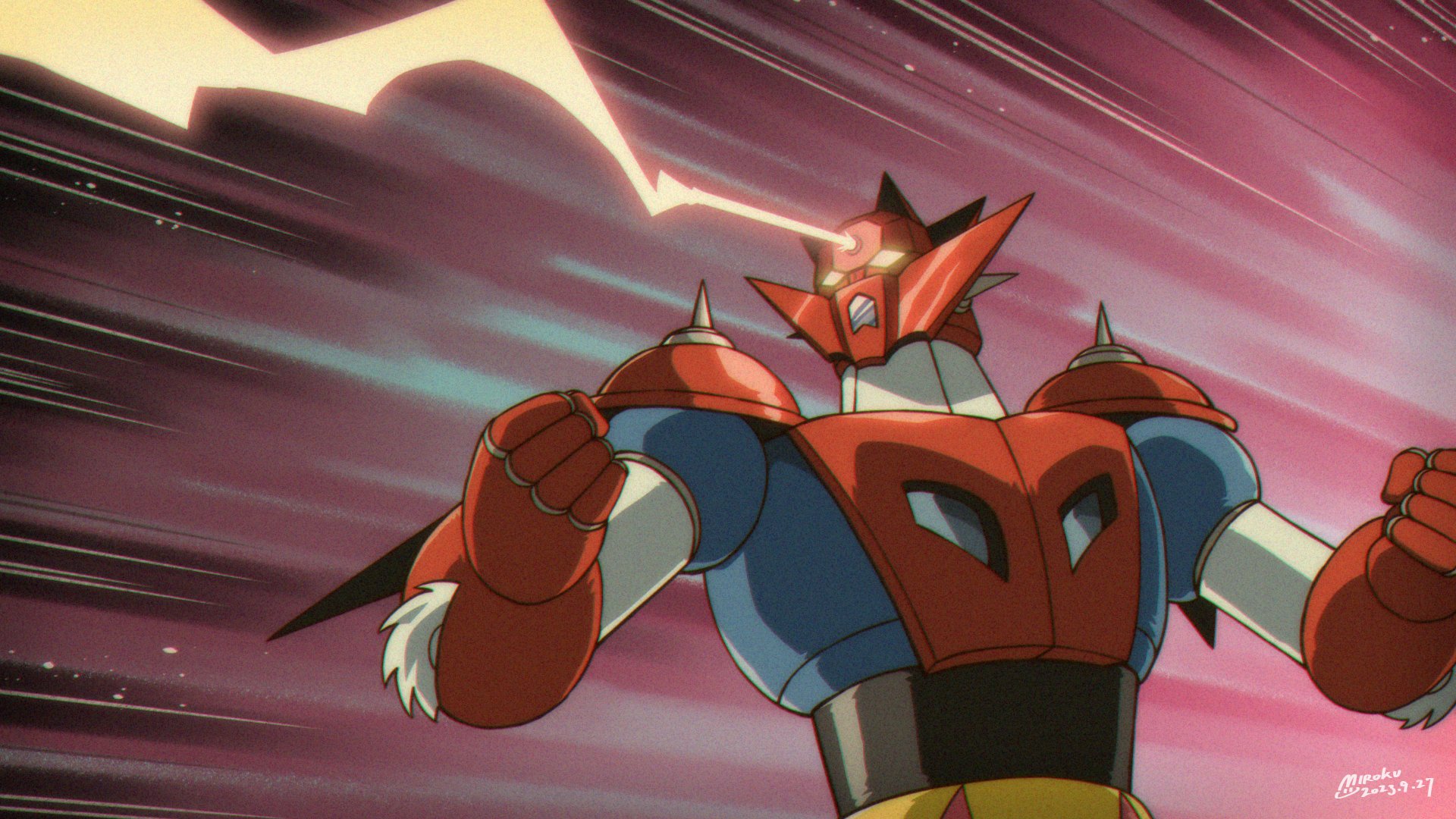 arm_blade armor blue_armor clenched_hands energy_beam forehead_beam getter_beam getter_dragon getter_robo getter_robo_g glowing glowing_eyes hands_up head_spikes highres laser mecha mecha_focus miroku_(miroku_t) multicolored_armor no_humans red_armor robot shoulder_spikes spikes super_robot upper_body weapon yellow_eyes