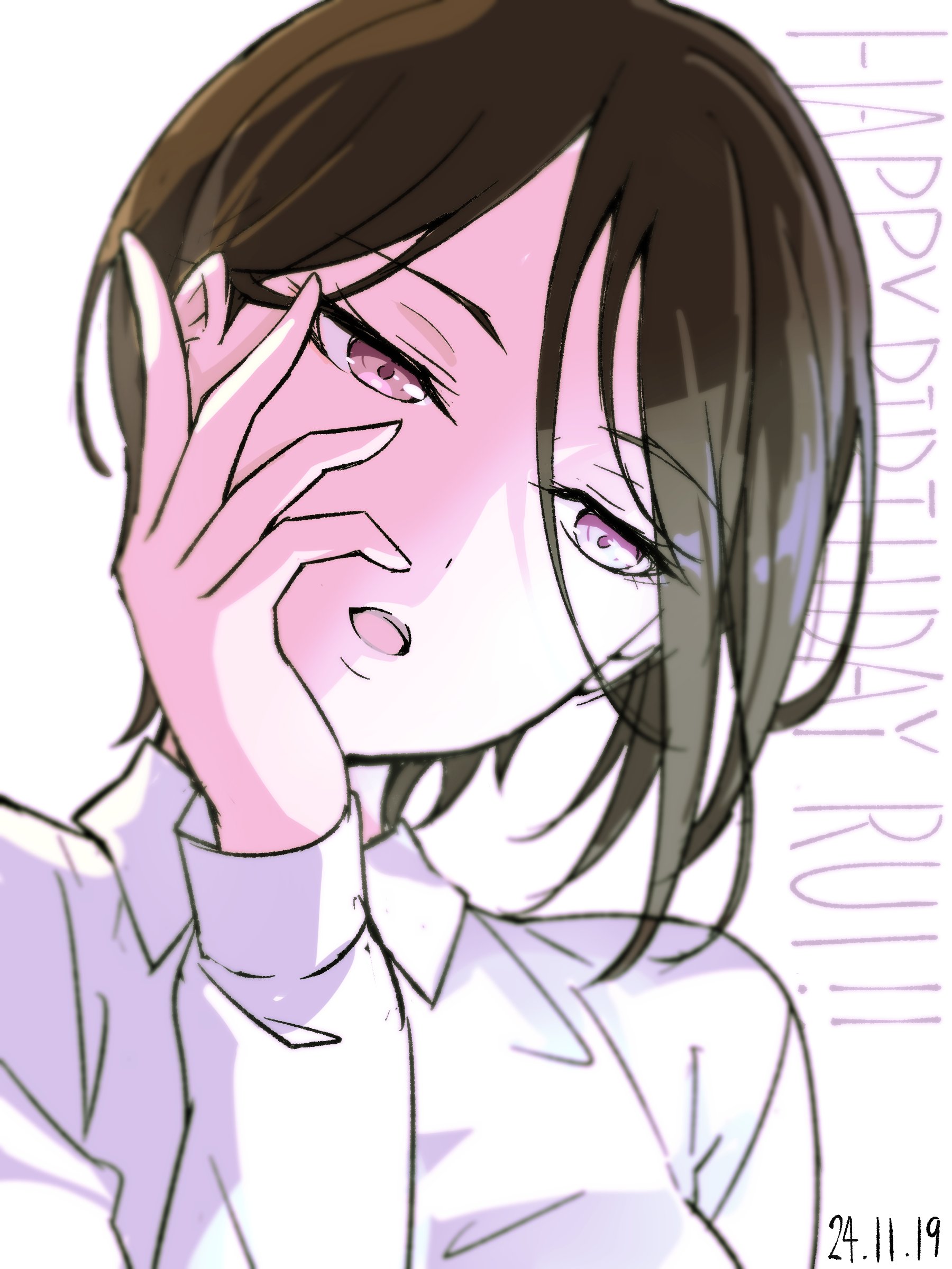 1girl absurdres asymmetrical_hair bang_dream! black_hair blush dated hair_between_eyes happy_birthday highres looking_at_viewer nobusawa_osamu open_mouth short_hair simple_background white_background yashio_rui