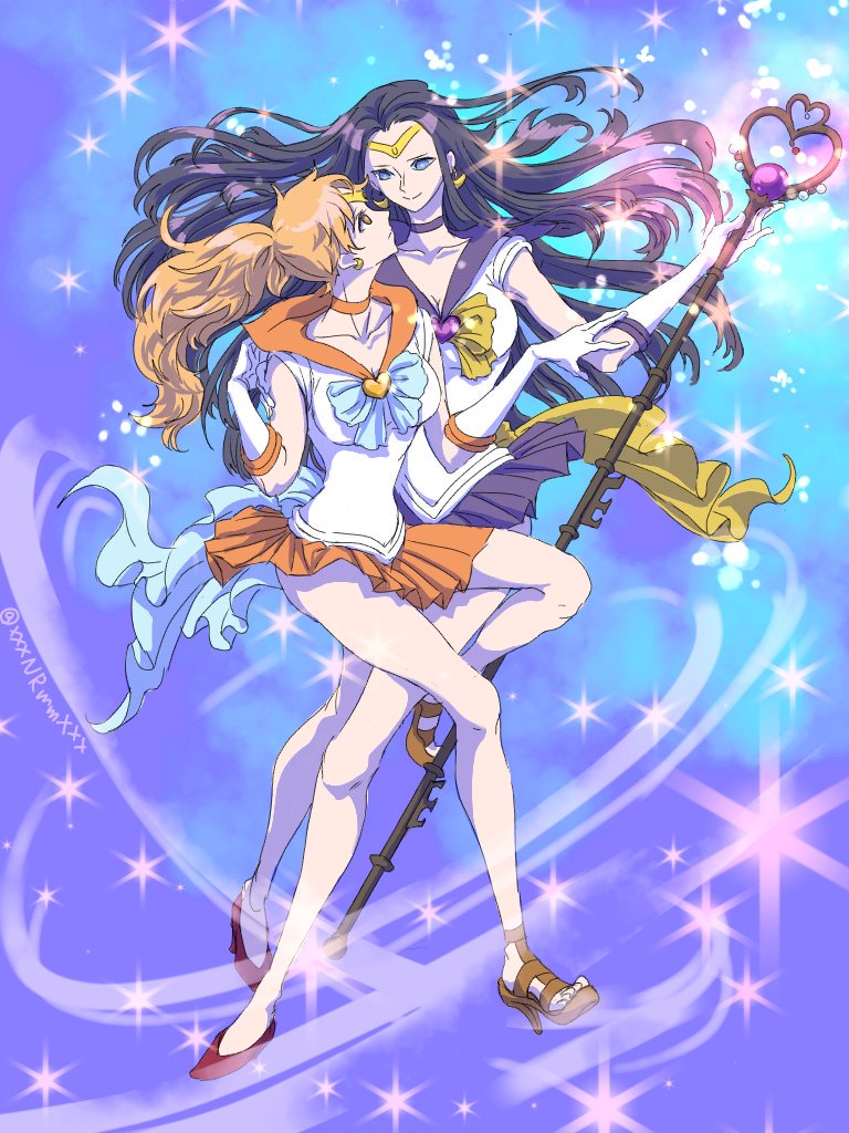 2girls bishoujo_senshi_sailor_moon black_hair blue_background blue_eyes choker commentary earrings gloves high_heel_sandals high_heels holding holding_stick jewelry long_hair looking_at_another miniskirt multiple_girls nami_(one_piece) nico_robin nikoban one_piece orange_choker orange_hair orange_sandals ponytail purple_background purple_choker red_footwear sailor_neptune sailor_pluto sailor_senshi_uniform sailor_uranus sailor_venus sandals skirt smile star_(symbol) stick white_gloves