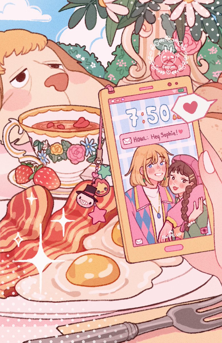 1boy 1girl arm_around_neck bacon beret blonde_hair blush bob_cut braid brown_hair calcifer cellphone_charm character_name charm_(object) checkered_coat cheumi cloud cloudy_sky couple cup dog dress egg flower food fork fried_egg fruit green_dress grin hair_ornament hairclip hat heart heen hetero holding holding_phone howl_(howl_no_ugoku_shiro) howl_no_ugoku_shiro jewelry kakashi_no_kabu long_hair medium_hair nail_polish necklace parted_lips phone pink_hat saucer shirt signature single_braid sky smile sophie_(howl_no_ugoku_shiro) sparkle spoken_heart strawberry teacup teeth text_messaging turtleneck upper_body vase white_flower white_nails white_shirt