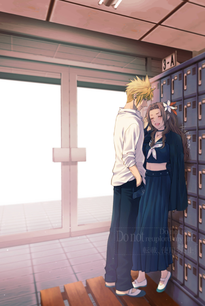 1boy 1girl aerith_gainsborough aerith_gainsborough_(midgard_seventh_high_school) belt black_belt black_choker black_gloves black_jacket black_pantyhose black_sailor_collar black_shirt black_skirt blonde_hair blue_eyes blush breasts brown_hair choker clip_studio_paint_(medium) closed_eyes closed_mouth cloud_strife cloud_strife_(midgard_seventh_high_school) collared_shirt couple crop_top delinquent door final_fantasy final_fantasy_vii final_fantasy_vii_ever_crisis flower full_body furrowed_brow gakuran gloves grey_neckerchief hair_flower hair_ornament hair_ribbon hand_in_pocket hetero indoors jacket jacket_on_shoulders kabedon locker long_hair long_skirt medium_breasts midriff neckerchief official_alternate_costume open_mouth pantyhose parted_bangs pleated_skirt red_ribbon ribbon sailor_collar school_uniform shirt shoes short_hair side_ponytail sidelocks skirt sleeves_rolled_up smile spiked_hair studded_belt sukeban takaya_natsuki tile_floor tiles wavy_hair white_flower white_shirt white_shoes