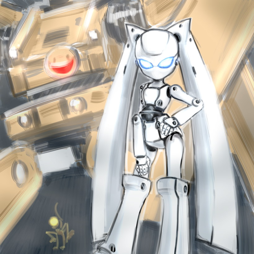 blue_eyes colored_skin drossel_von_flugel fireball_(series) gedachtnis glowing glowing_eyes hand_on_own_hip humanoid_robot joints kuzu_king mechanical_hair no_mouth robot robot_girl robot_joints size_difference twintails white_skin