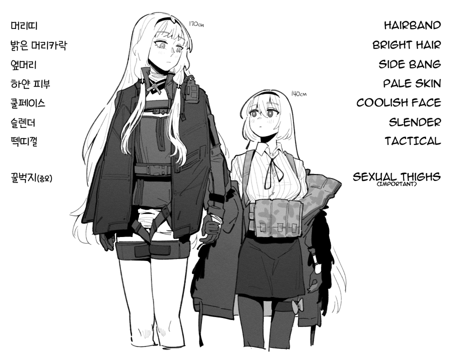 2girls an-94_(girls&#039;_frontline) collared_shirt english_text girls&#039;_frontline greyscale hairband height_difference huqu korean_commentary korean_text long_hair looking_at_another looking_down looking_up monochrome multiple_girls shirt simple_background thunder_(girls&#039;_frontline) white_background