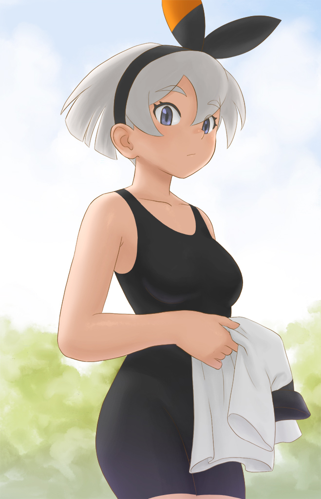 1girl bea_(pokemon) black_bodysuit black_hairband bodysuit breasts closed_mouth collarbone commentary_request dark-skinned_female dark_skin eyelashes female_focus grey_eyes grey_hair gym_leader hair_between_eyes hairband holding looking_at_viewer medium_breasts nintendo pokemon pokemon_swsh short_hair solo xiin