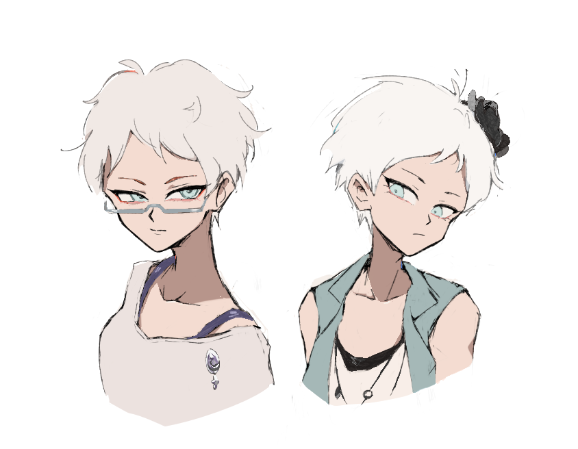 1girl blue_eyes glasses grey-framed_eyewear hair_ornament kyokugen_dasshutsu kyokugen_dasshutsu_adv:_zennin_shibou_desu looking_at_viewer multiple_views phi_(kyokugen_dasshutsu) ribitta simple_background upper_body white_background white_hair zero_escape:_toki_no_jirenma