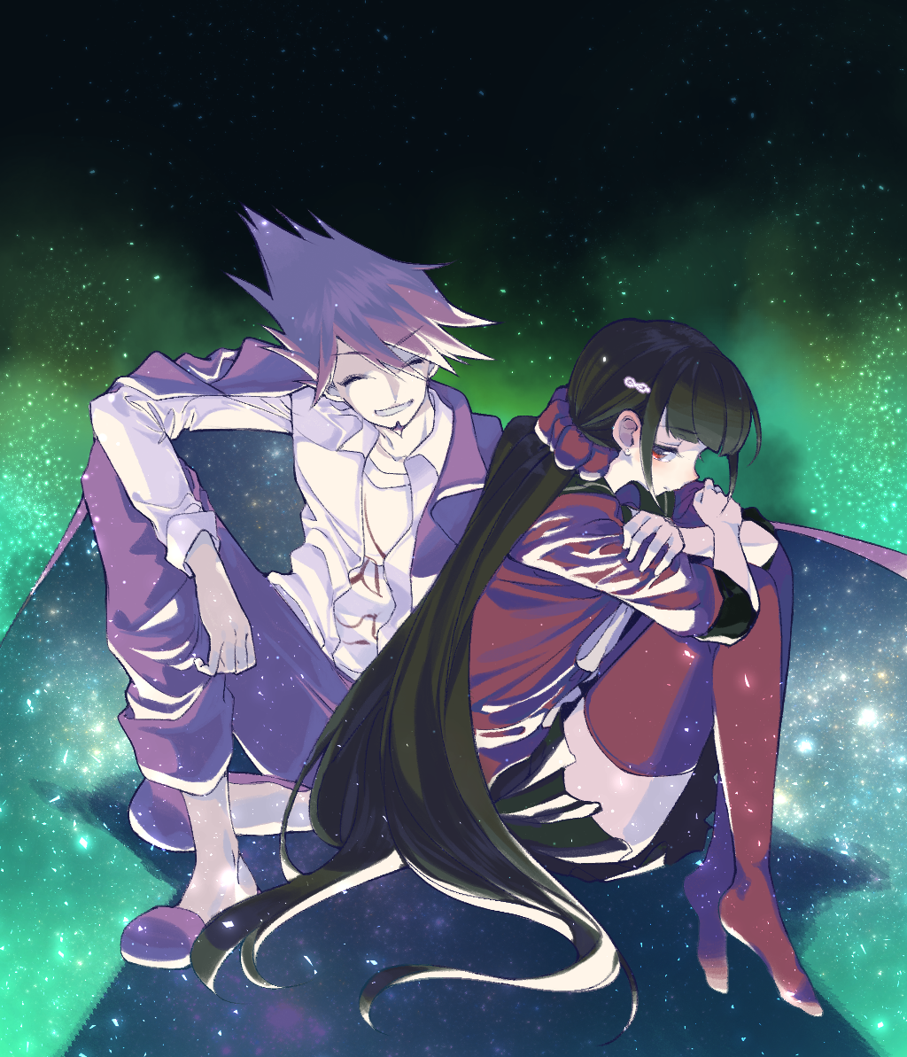 1boy 1girl beard black_hair closed_eyes danganronpa_(series) danganronpa_v3:_killing_harmony eyebrows facial_hair hair_ornament hairpin harukawa_maki jacket jingle long_hair miniskirt momota_kaito night pants purple_hair red_eyes red_shirt school_uniform serafuku shirt shoes skirt sky smile spiked_hair star_(symbol) thighhighs thighs twintails white_shirt