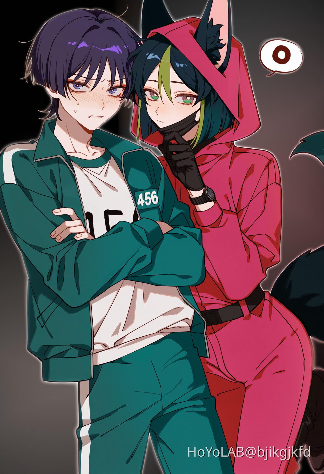 2boys alternate_costume alternate_universe animal_ears aqua_jacket aqua_pants belt bishounen bjikgjkfd black_background black_belt black_gloves black_mask blunt_ends bright_pupils clenched_teeth closed_mouth cowboy_shot crossed_arms crossover ears_through_hood fox_boy fox_ears fox_tail furrowed_brow genshin_impact gloves gradient_background green_eyes green_hair hand_up highres hood hood_up hooded_jumpsuit hoyolab_username jacket jumpsuit long_sleeves looking_at_viewer lower_eyelashes_only male_focus mask mask_pull mouth_mask multiple_boys no_headwear open_clothes open_jacket outline pants parted_lips pink_jumpsuit purple_hair scaramouche_(genshin_impact) shirt shirt_partially_tucked_in side-by-side spoken_o squid_game standing sweatdrop tail teeth tighnari_(genshin_impact) wanderer_(genshin_impact) watch white_outline white_pupils white_shirt worker_(squid_game) wristwatch
