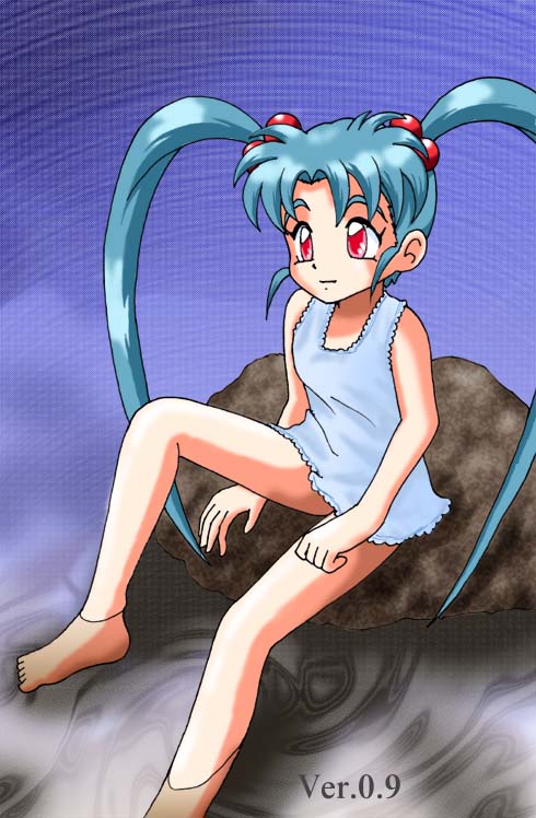 1girl artist_request blue_hair feet hair_ornament in_water long_hair masaki_sasami_jurai nightgown pretty_sammy pretty_sammy_(character) red_eyes rock simple_background source_request tenchi_muyou! water writing