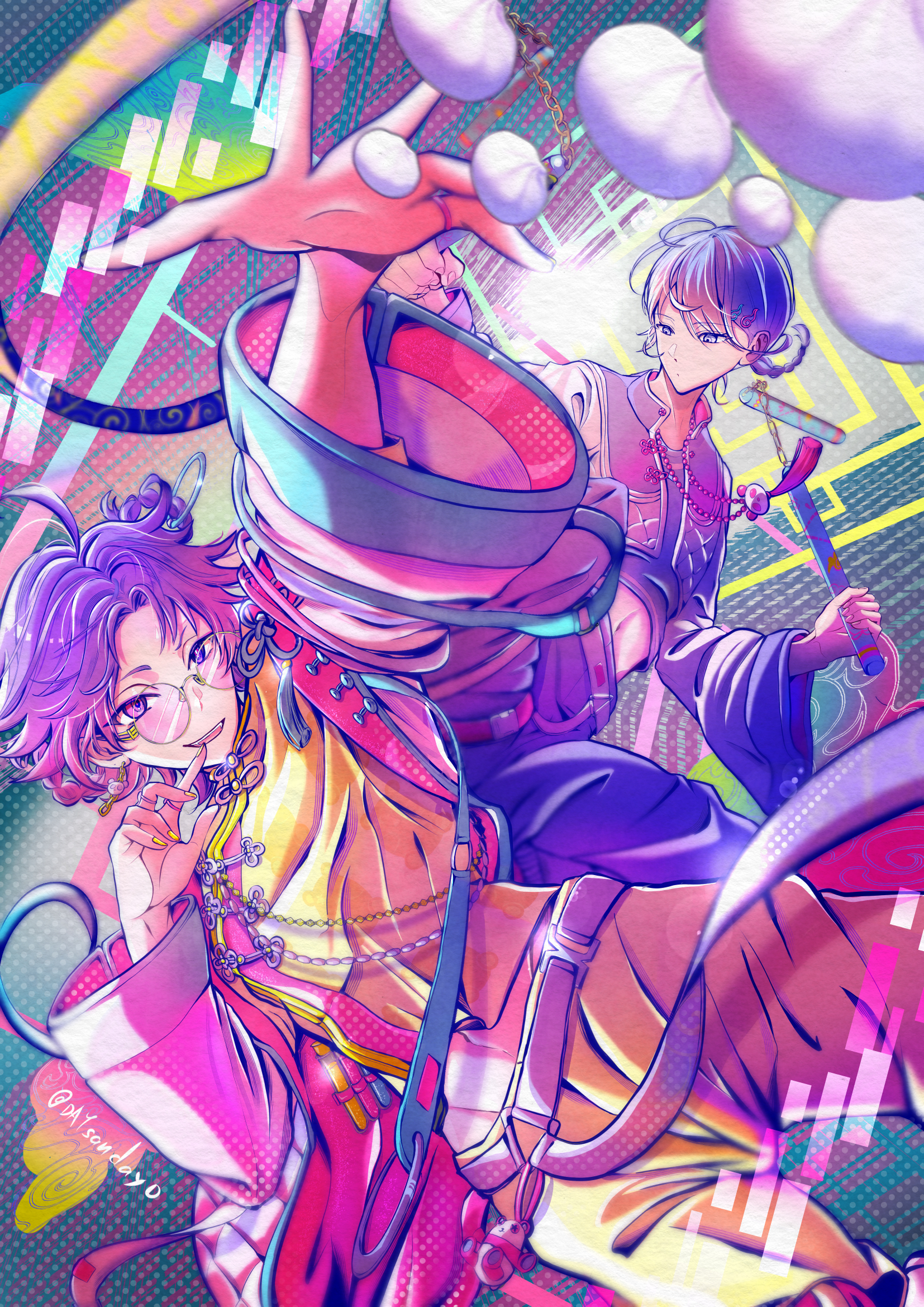 18trip 2boys ahoge steamed_bun belt braid chinese_clothes daysandayo earrings finger_to_mouth food fortissimo gradient_hair grey_eyes hachinoya_nagi hair_between_eyes hair_ornament hairclip hand_on_own_face heterochromia highres jewelry long_sleeves looking_ahead medium_hair multicolored_hair multiple_boys musical_note musical_note_hair_ornament nunchaku official_alternate_costume open_mouth outstretched_arm pants purple_belt purple_hair round_eyewear shirt single_braid tassel throwing weapon yellow_nails yellow_pants yellow_shirt yowa_netaro