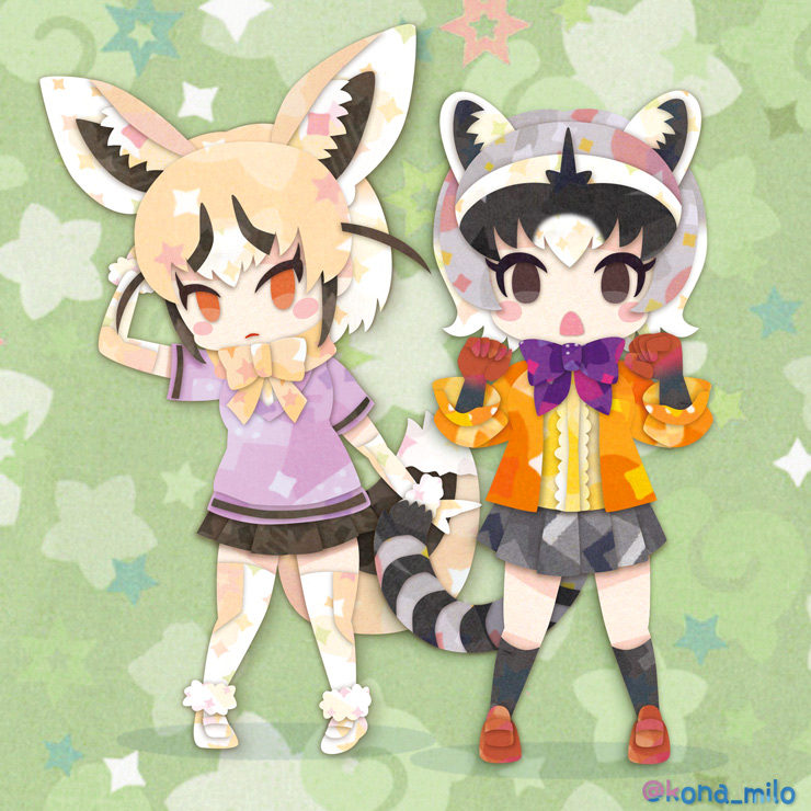 2girls animal_ears black_eyes blonde_hair bow bowtie cardigan crab-eating_raccoon_(kemono_friends) elbow_gloves extra_ears fox_ears fox_girl fox_tail gloves grey_hair kemono_friends kikuchi_milo kneehighs looking_at_viewer multiple_girls raccoon_ears raccoon_girl raccoon_tail rueppell&#039;s_fox_(kemono_friends) shoes short_hair simple_background skirt socks tail yellow_eyes