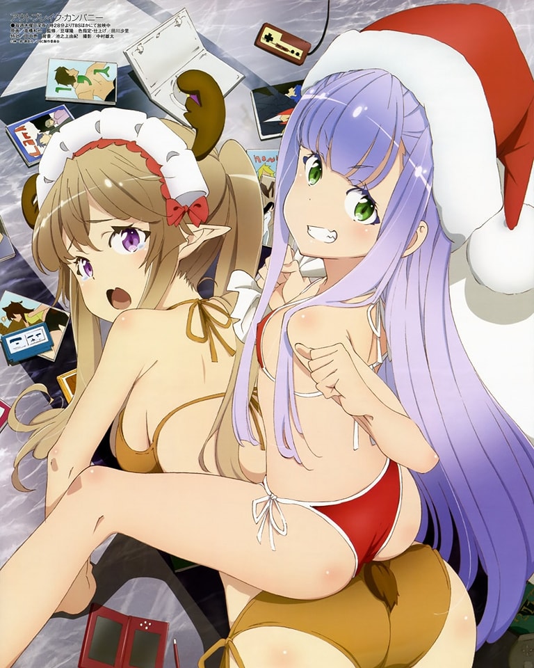 2girls animal_ears bad_link bikini christmas covered_erect_nipples dress fake_animal_ears green_eyes hat long_hair merry_christmas multiple_girls outbreak_company red_headwear santa_bikini santa_costume santa_dress santa_hat swimsuit
