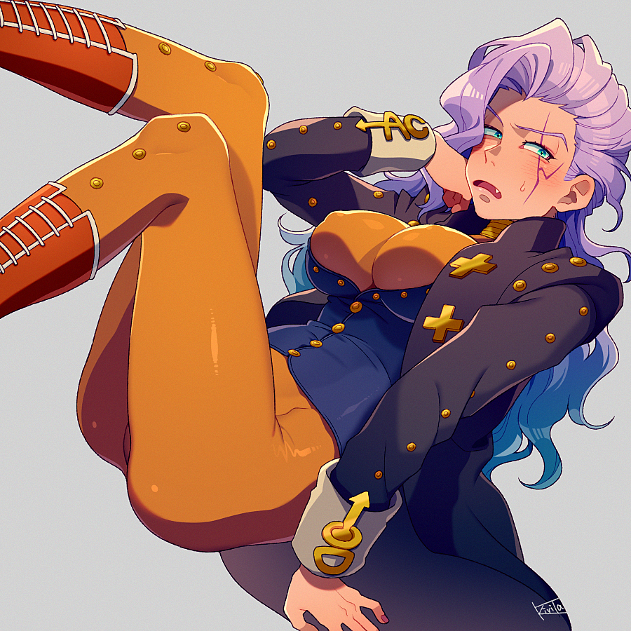 1girl aqua_eyes boots covered_erect_nipples fang female_focus gakuran genderswap genderswap_(mtf) grey_background jojo_no_kimyou_na_bouken kiri_futoshi long_hair open_mouth otoishi_akira purple_hair school_uniform signature simple_background solo sweatdrop underbust