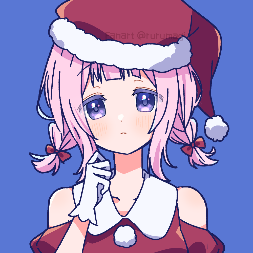 1girl bare_shoulders blue_background blue_eyes blush bow braid closed_mouth commentary_request detached_sleeves gloves hair_bow hand_up hat looking_at_viewer low_twin_braids magia_record:_mahou_shoujo_madoka_magica_gaiden mahou_shoujo_madoka_magica medium_hair pink_hair portrait puffy_short_sleeves puffy_sleeves red_bow red_shirt ruru_(rurumagi) santa_hat shirt short_sleeves signature simple_background solo twin_braids twitter_username watermark white_gloves yura_hotaru