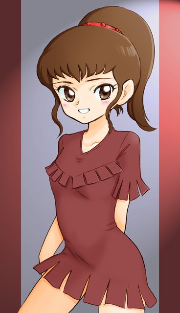 1980s_(style) 1girl brown_eyes brown_hair chururu dress female_focus gradient_background kikou-kai_galient oldschool ponytail retro_artstyle shijou_yukimasa solo standing