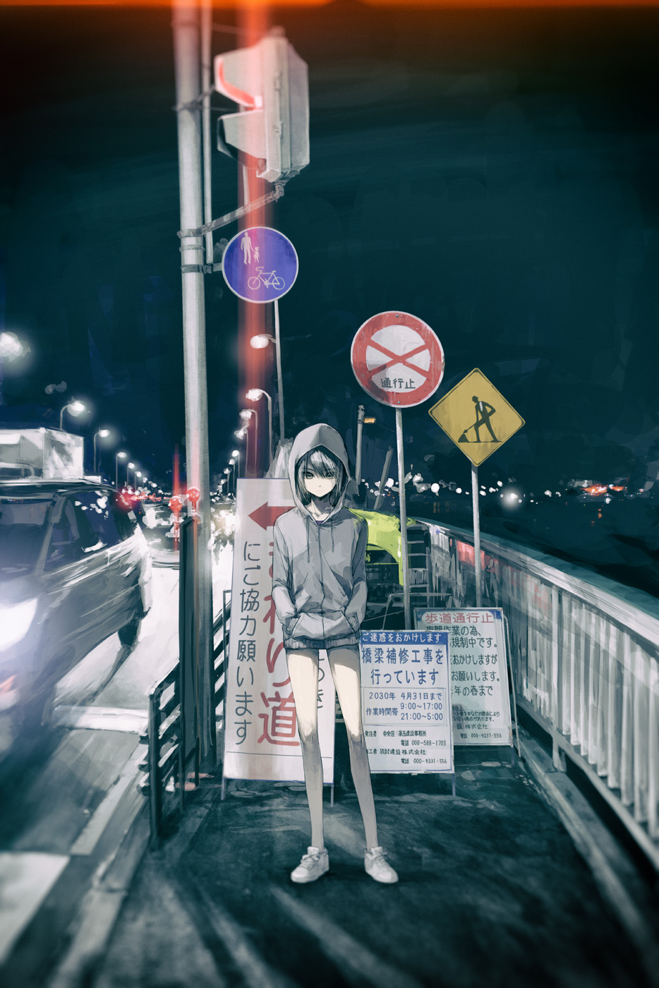 1girl bare_legs brown_eyes building construction facing_viewer grey_hair grey_hoodie guard_rail hands_in_pockets headlight_beam highres highway hood hood_up hoodie industrial_pipe lamppost looking_at_viewer moribuden motor_vehicle night night_sky original red_light road_sign short_shorts shorts sidewalk sign sky traffic_light white_footwear