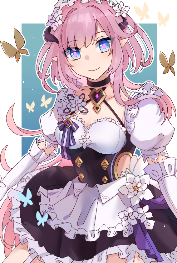 1girl apron black_choker black_dress blue_background blue_eyes border breasts bug butterfly choker cleavage closed_mouth clothing_cutout collarbone dress elbow_gloves elf elysia_(honkai_impact) elysia_(miss_pink)_(honkai_impact) elysia_(miss_pink_elf)_(honkai_impact) fake_horns gloves honkai_(series) honkai_impact_3rd horns insect long_hair looking_at_viewer maid maid_apron maid_headdress pink_hair pink_pupils pointy_ears puffy_short_sleeves puffy_sleeves short_sleeves side_cutout smile solo thighs ufo_(23494318) very_long_hair white_apron white_border white_gloves