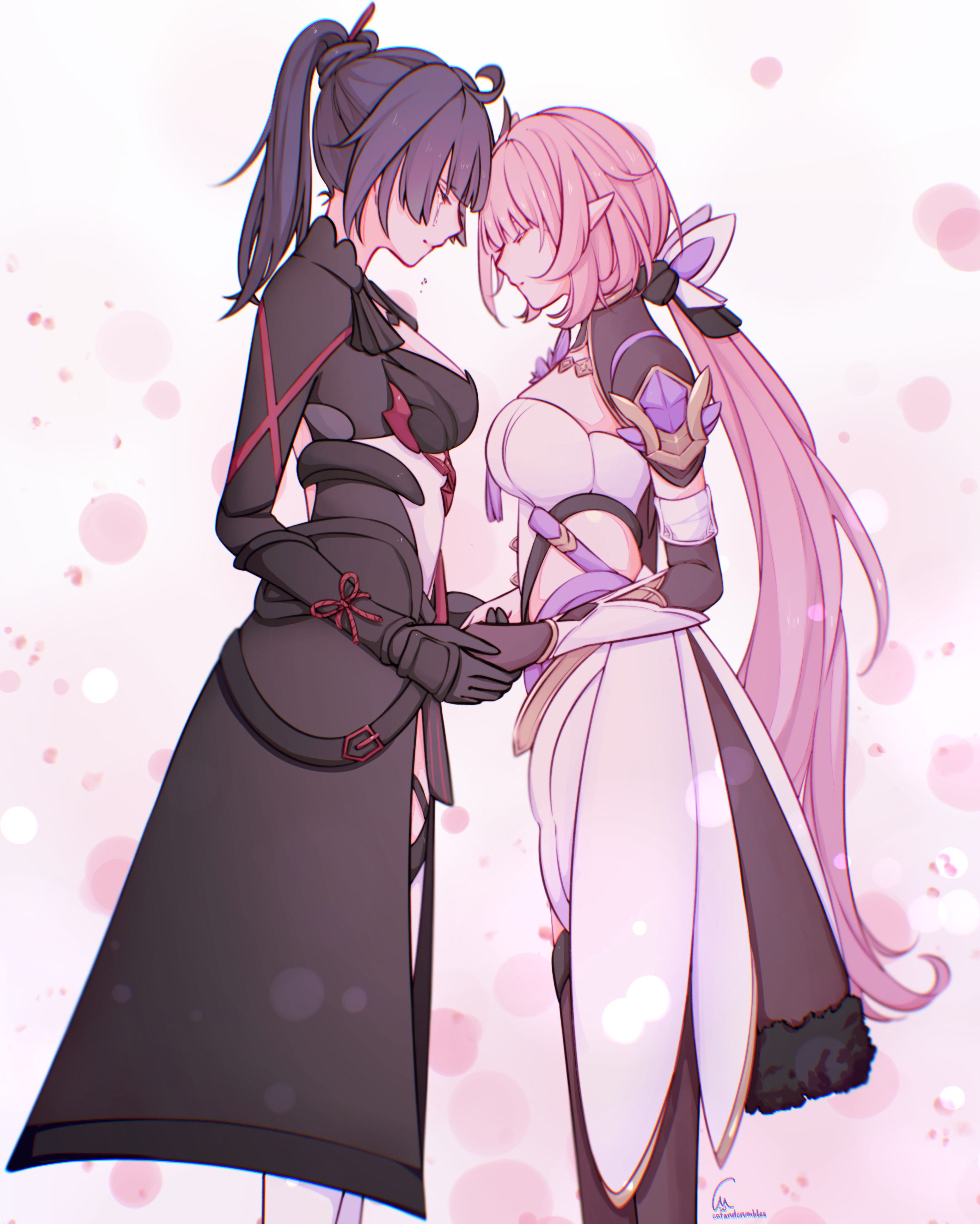 2girls absurdres artist_name breasts catandcrumbles closed_eyes closed_mouth clothing_cutout commentary crying elysia_(honkai_impact) elysia_(miss_pink_elf)_(honkai_impact) english_commentary forehead-to-forehead from_side fur_trim hair_ornament heads_together highres holding_hands honkai_(series) honkai_impact_3rd long_hair multiple_girls pink_hair pointy_ears ponytail purple_hair raiden_mei raiden_mei_(danzai_spectramancer) raiden_mei_(orochi_cuirass) signature standing tears very_long_hair