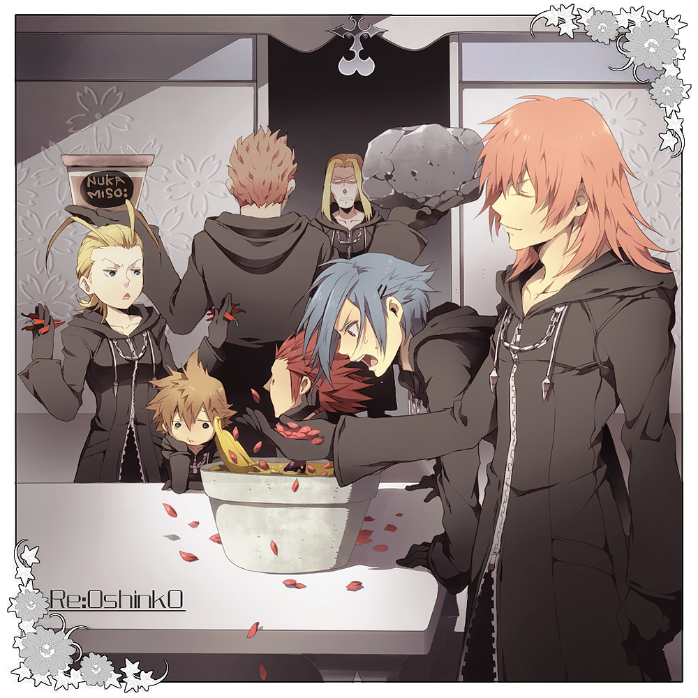 1girl 6+boys antenna_hair arm_support axel_(kingdom_hearts) bad_id bad_pixiv_id banana black_border black_coat black_coat_(kingdom_hearts) black_gloves blonde_hair blue_hair border brown_hair chili_pepper clenched_teeth closed_eyes coat day elbow_rest facial_mark facing_away flower food fruit full-length_zipper furrowed_brow gloves hair_ornament hair_slicked_back hairclip hand_on_own_face hand_up hands_up holding holding_food holding_rock hood hood_down hooded_coat indoors kingdom_hearts kingdom_hearts_ii larxene leaf leaning_forward lexaeus light_smile long_coat long_hair long_sleeves looking_down marluxia multiple_boys no_pupils open_mouth organization_xiii ornate_border parted_bangs pink_hair pink_petals red_hair rock roxas short_hair soup spiked_hair surprised sweatdrop teeth tore_(ksg666xxx) vexen zexion zipper