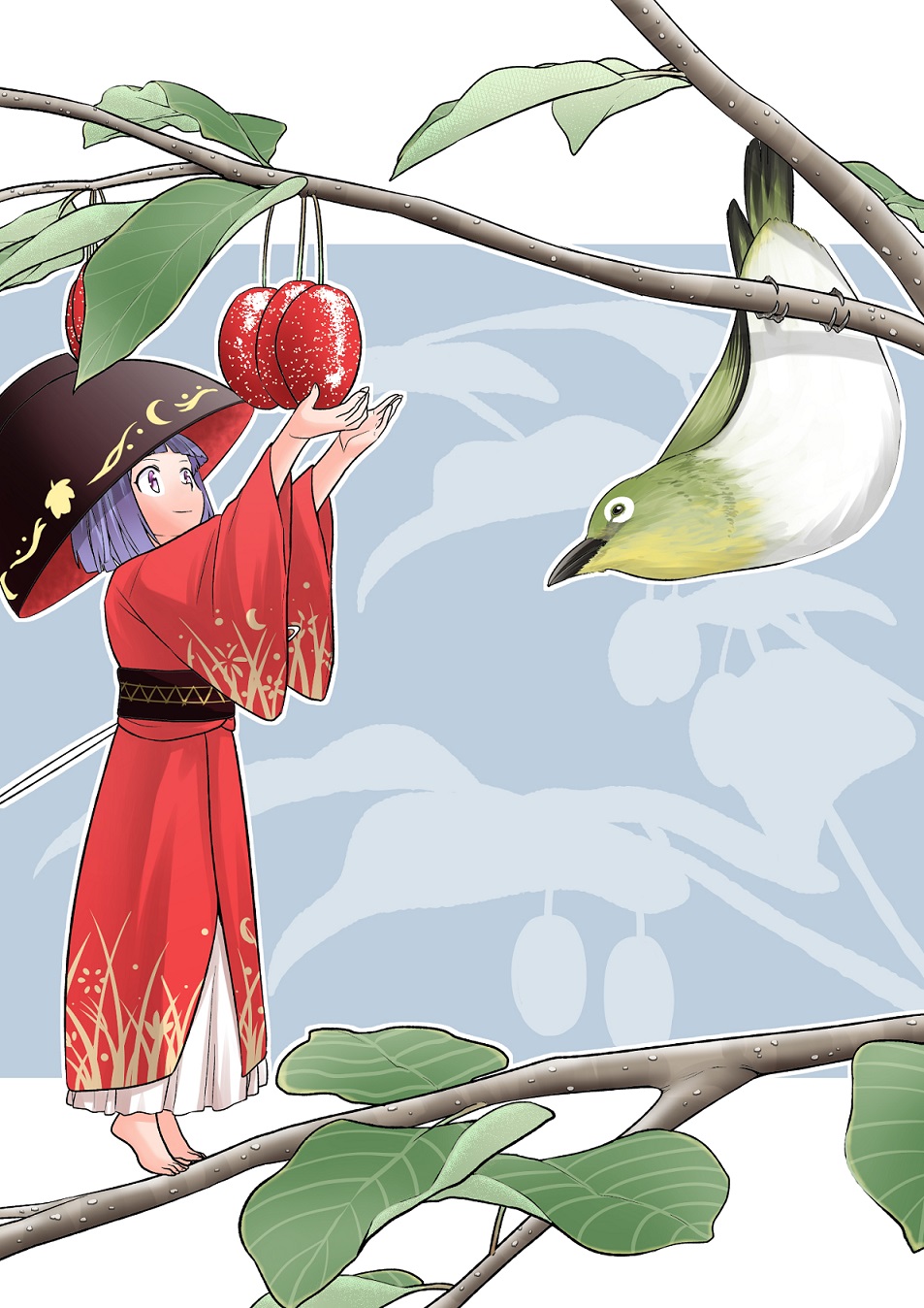 1girl barefoot bird bowl bowl_hat cherry female_focus floral_print food fruit fuuzasa hat highres japanese_clothes kimono long_sleeves mini_person minigirl obi purple_eyes purple_hair sash smile solo sukuna_shinmyoumaru touhou wide_sleeves