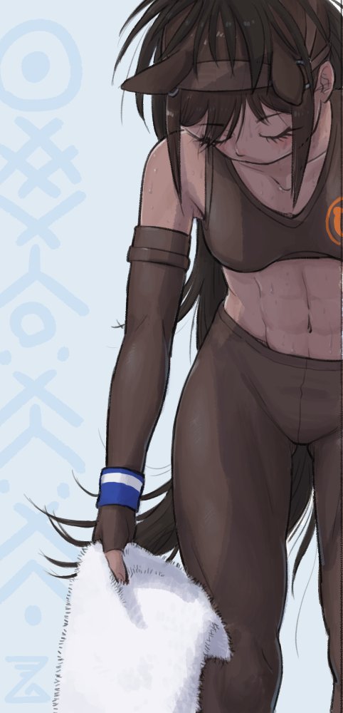 1girl abs animal_ears bare_shoulders blush brown_gloves brown_hair brown_leggings brown_sports_bra brown_thoroughbred_(kemono_friends) closed_eyes cowboy_shot dark-skinned_female dark_skin elbow_gloves fingerless_gloves gloves hair_between_eyes headgear horse_ears horse_girl horse_tail imnim_leef kemono_friends leggings midriff navel short_hair sidelocks sleeveless solo sports_bra sportswear sweatband tail toned toned_female towel