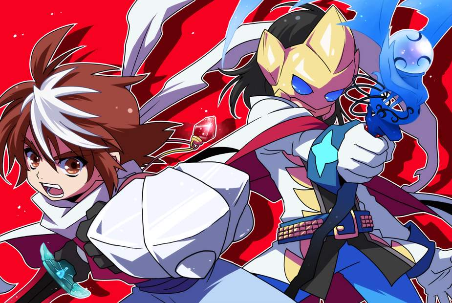 2boys ahoge angry bad_id bad_pixiv_id belt black_gloves black_hair brown_eyes brown_hair caius_qualls cape gloves jewelry lukius_bridges male_focus mask multicolored_hair multiple_boys open_mouth pants pendant scarf simple_background streaked_hair sword tales_of_(series) tales_of_the_tempest teeth toufuno wand weapon white_gloves white_hair