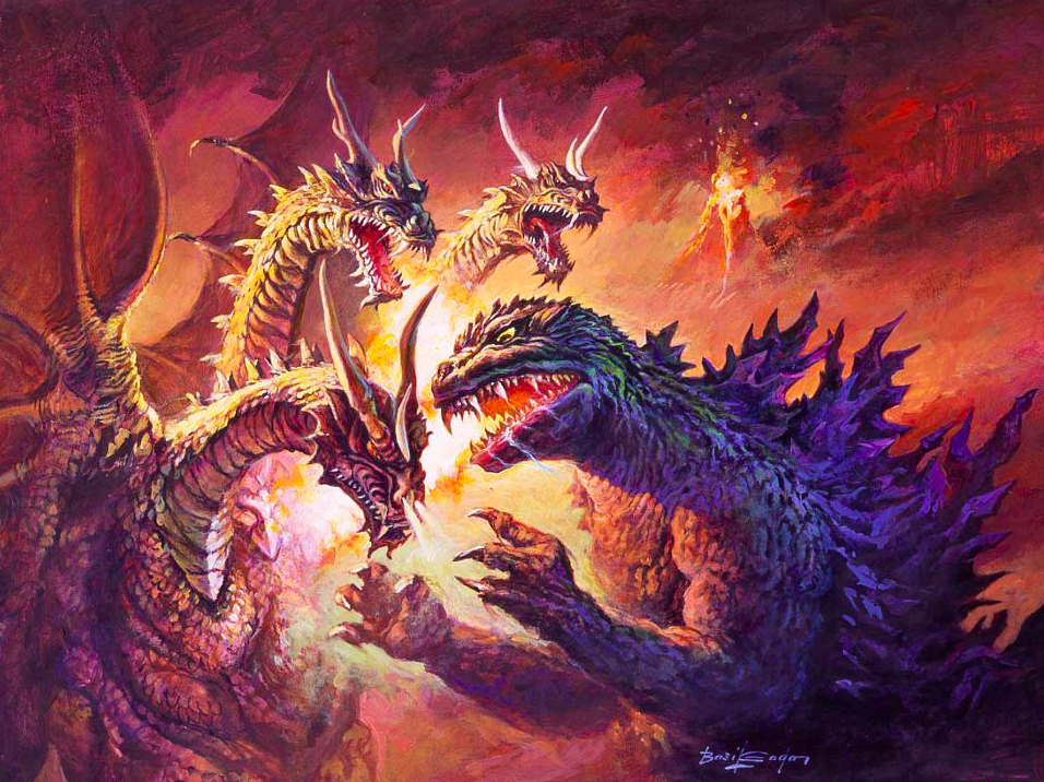 alien bob_eggleton conjoined dinosaur dragon epic eruption godzilla godzilla_(series) godzilla_2000:_millennium grand_king_ghidorah hydra kaiju king_ghidorah lava monster mothra_(series) multiple_heads rebirth_of_mothra_iii saliva smoke steam toho volcano