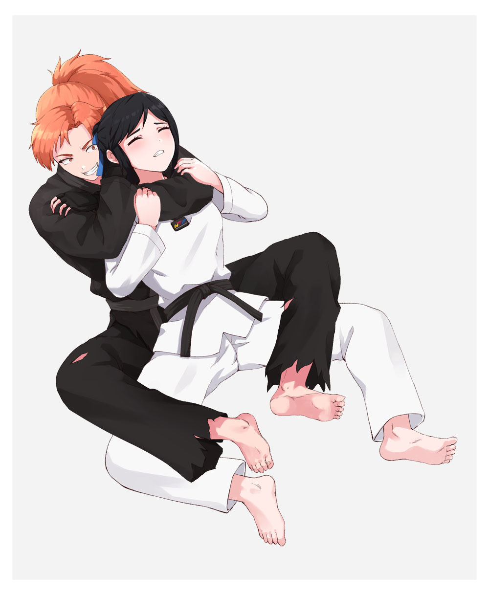 2girls barefoot belt between_legs black_belt blue_ribbon blush border catfight choke_hold clenched_teeth closed_eyes commentary_request commission dougi false_smile feet fingerless_gloves gloves grey_background highres jade_lane legs_apart looking_at_another multiple_girls orange_eyes orange_hair original pale_skin pants ponytail ribbon shion_aoyama smile soles strangling submission_hold teeth toenails torn_clothes torn_pants tuzi717 white_border wrestling
