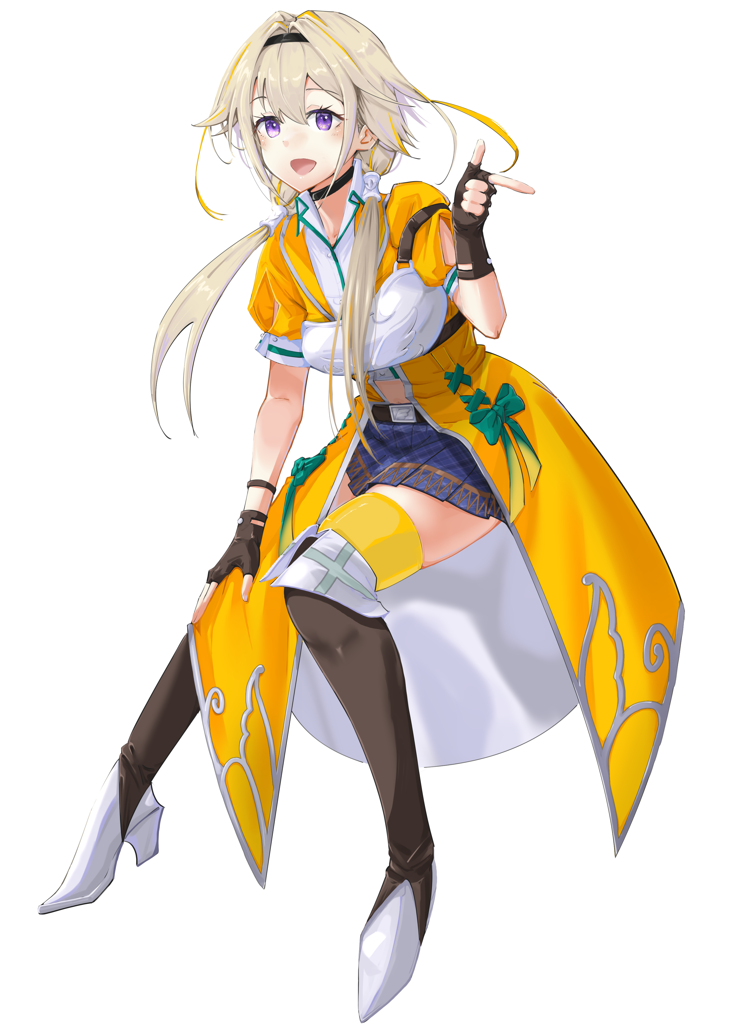 1girl :d absurdres belt black_choker black_hairband blonde_hair blue_skirt blush boots bow brown_belt brown_boots brown_gloves choker coat collared_shirt commentary_request finger_gun fingerless_gloves fold-over_boots full_body gloves green_bow hair_between_eyes hair_intakes hair_over_shoulder hair_tubes hairband hand_on_own_knee hand_up high_heel_boots high_heels highres hiyoku_no_crosspiece ieiri_popo ieiri_popo_(1st_costume) knee_boots long_hair looking_at_viewer low_twintails miniskirt multicolored_hair muneate nanashi_inc. navel open_clothes open_coat open_mouth plaid_clothes plaid_skirt pleated_skirt pointing purple_eyes sankyo_(821-scoville) shirt short_sleeves simple_background skirt smile solo streaked_hair thighhighs twintails two-tone_hair virtual_youtuber white_background white_boots white_shirt wrist_straps yellow_coat yellow_thighhighs zettai_ryouiki