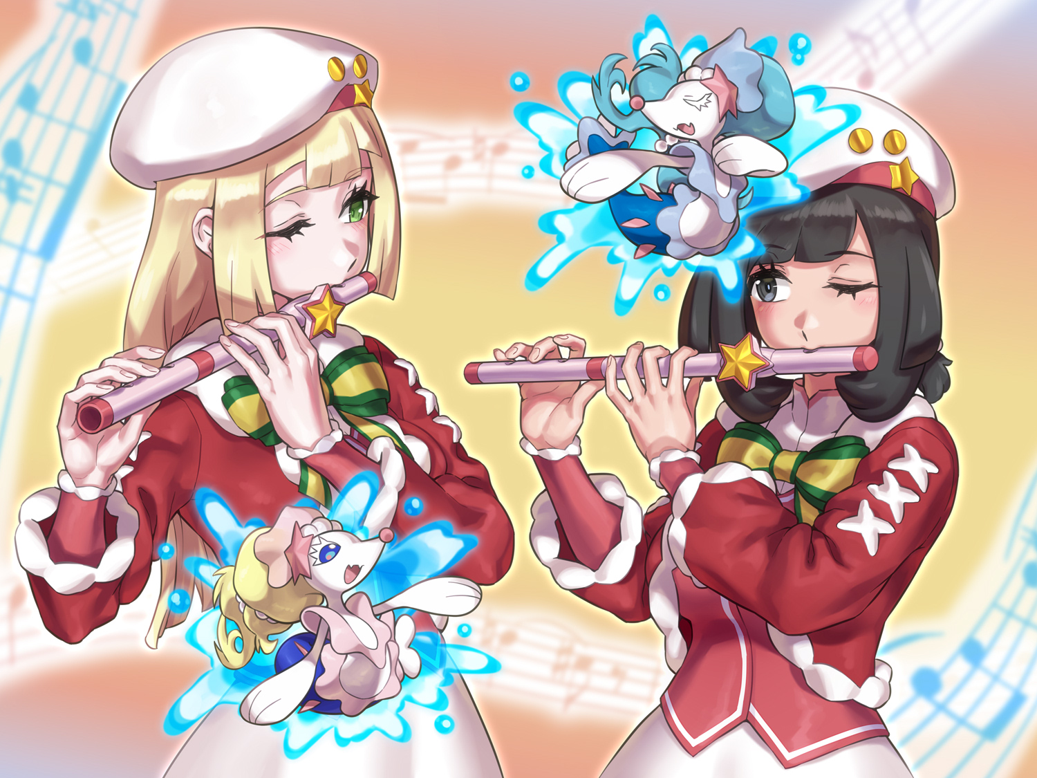 2girls alternate_color beanie black_eyes black_hair blonde_hair blue_eyes blue_hair blunt_bangs blush cosplay flute gen_7_pokemon green_eyes hat holding holding_flute holding_instrument instrument lillie_(holiday_2024)_(pokemon) lillie_(pokemon) lillie_(pokemon)_(cosplay) long_hair looking_at_another mizuumi_(bb) multiple_girls music musical_note nintendo official_alternate_costume one_eye_closed open_mouth pearl_hair_ornament playing_flute playing_instrument poke_flute pokemon pokemon_(creature) pokemon_masters_ex pokemon_sm primarina sea_lion selene_(pokemon) shiny_pokemon short_hair smile starfish_hair_ornament transverse_flute