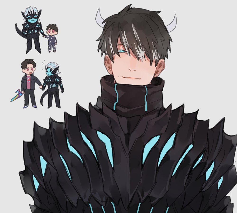 2boys age_progression armor bbbb_fex black_armor black_jacket black_tail blue_eyes brown_hair chibi demon_boy demon_horns demon_tail expressionless eyebrows fusion glowing glowing_armor holding_hands horns igarashi_ikki jacket kamen_rider kamen_rider_revice looking_down male_focus multiple_boys pink_shirt possessed revicelasher shirt spoilers sword tail vice_(kamen_rider_revice) weapon white_hair white_horns aged_down