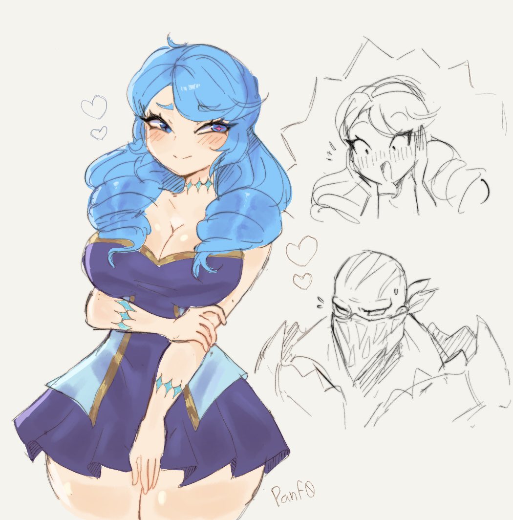 1boy 1girl artist_name bald black_dress blush breasts cleavage closed_mouth dress green_eyes green_hair grey_background grey_dress gwen_(league_of_legends) heart large_breasts league_of_legends long_hair mask mouth_mask multiple_views no_hair_ornament pan_(panf0) pyke_(league_of_legends) shiny_skin simple_background smile twintails