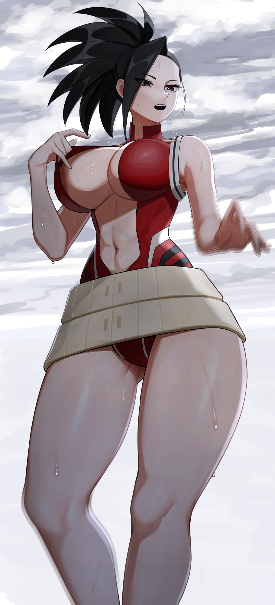 1girl belt belt_skirt black_eyes black_hair boku_no_hero_academia breasts commentary_request gluteal_fold hair_pulled_back highres large_breasts leotard leotard_pull navel open_clothes open_leotard open_mouth outdoors overcast red_leotard senju_(snz0) sky solo teeth wet yaoyorozu_momo