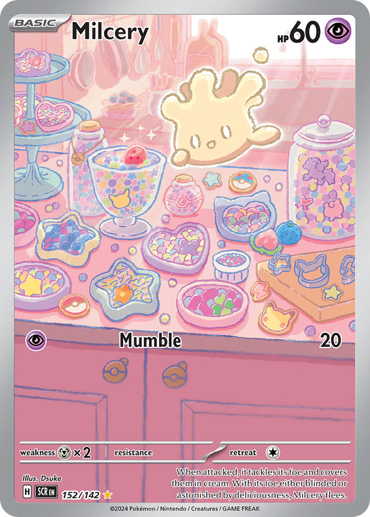 :d artist_name berry_(pokemon) candy candy_jar card_(medium) character-themed_food character_name company_name cookie cookie_cutter copyright_name copyright_notice dsuke_f english_text floating food fruit full_body galarian_form galarian_ponyta gen_1_pokemon gen_8_pokemon indoors jigglypuff milcery nintendo no_humans official_art open_mouth oran_berry pecha_berry pikachu poke_ball_theme pokemon pokemon_(creature) pokemon_card pokemon_focus pokemon_tcg smile snorlax solo star_(symbol) sunlight third-party_source trading_card white_eyes
