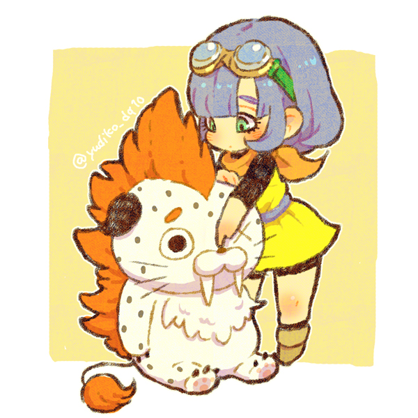 1girl bike_shorts bike_shorts_under_skirt blue_hair blunt_bangs bob_cut border chibi chome_(dq10) commentary_request dragon_quest dragon_quest_x goggles goggles_on_head great_sabrecat green_eyes iyakika looking_at_object looking_down neckerchief orange_neckerchief seraphy_(dq10) solo spotted_fur stuffed_animal stuffed_toy tunic twitter_username white_border yellow_background yellow_tunic