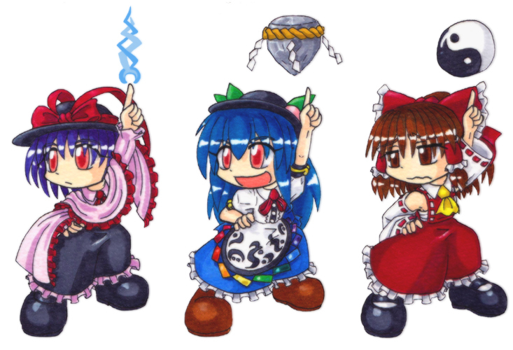 3girls ascot bad_tag blue_hair bow brown_hair capelet detached_sleeves electricity food frilled_bow frilled_capelet frilled_hair_tubes frilled_shawl frills fruit fruit_hat_ornament hair_tubes hakurei_reimu hand_on_own_hip hat hat_bow hat_ornament hat_ribbon hinanawi_tenshi index_finger_raised kaname-ishi leaf_hat_ornament long_skirt looking_to_the_side mail_(mail_gell) multiple_girls nagae_iku nontraditional_miko orb outstretched_arm peach peach_hat_ornament pointing pointing_up purple_hair rainbow_order red_bow red_eyes red_skirt ribbon ribbon-trimmed_sleeves ribbon_trim saturday_night_fever shawl skirt smile touhou yellow_ascot yin_yang yin_yang_orb