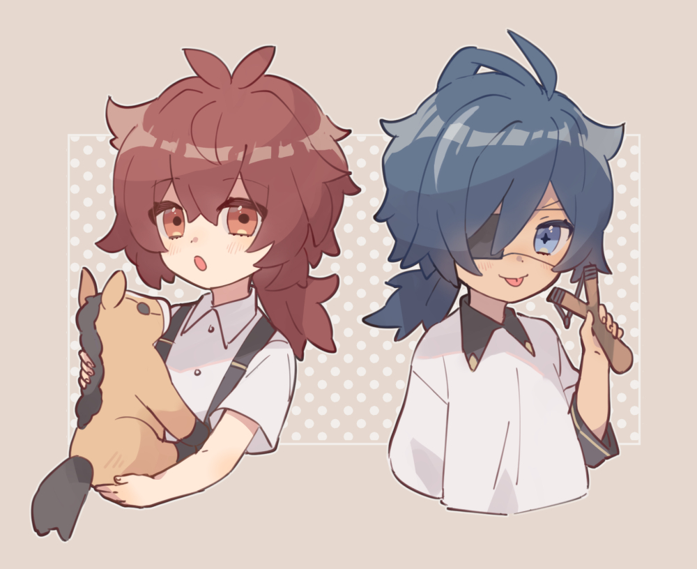 2boys :o :p aged_down antenna_hair blue_eyes blue_hair blush brown_background buttons child closed_mouth collared_shirt commentary_request cropped_torso crossed_bangs dark-skinned_male dark_skin diluc_(genshin_impact) eyepatch genshin_impact hair_between_eyes hand_up holding holding_slingshot holding_stuffed_toy kaeya_(genshin_impact) koma_(km_mmmk) long_hair looking_at_viewer low_ponytail male_focus multicolored_hair multiple_boys one_eye_covered open_mouth parted_bangs polka_dot polka_dot_background ponytail red_eyes red_hair shirt short_sleeves sidelocks simple_background slingshot_(weapon) smile streaked_hair stuffed_animal stuffed_horse stuffed_toy suspenders swept_bangs tongue tongue_out upper_body v-shaped_eyebrows white_shirt wing_collar
