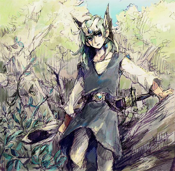 1boy belt blue_eyes circlet dragon_quest dragon_quest_iv earrings feet_out_of_frame foliage forest full_body gold_circlet green_hair green_tunic head_wings hero_(dq4) jewelry kiri_tampo long_sleeves looking_at_viewer male_focus medium_hair nature outdoors parted_lips sheath sheathed single_earring solo standing sword tree tunic weapon white_sleeves wings