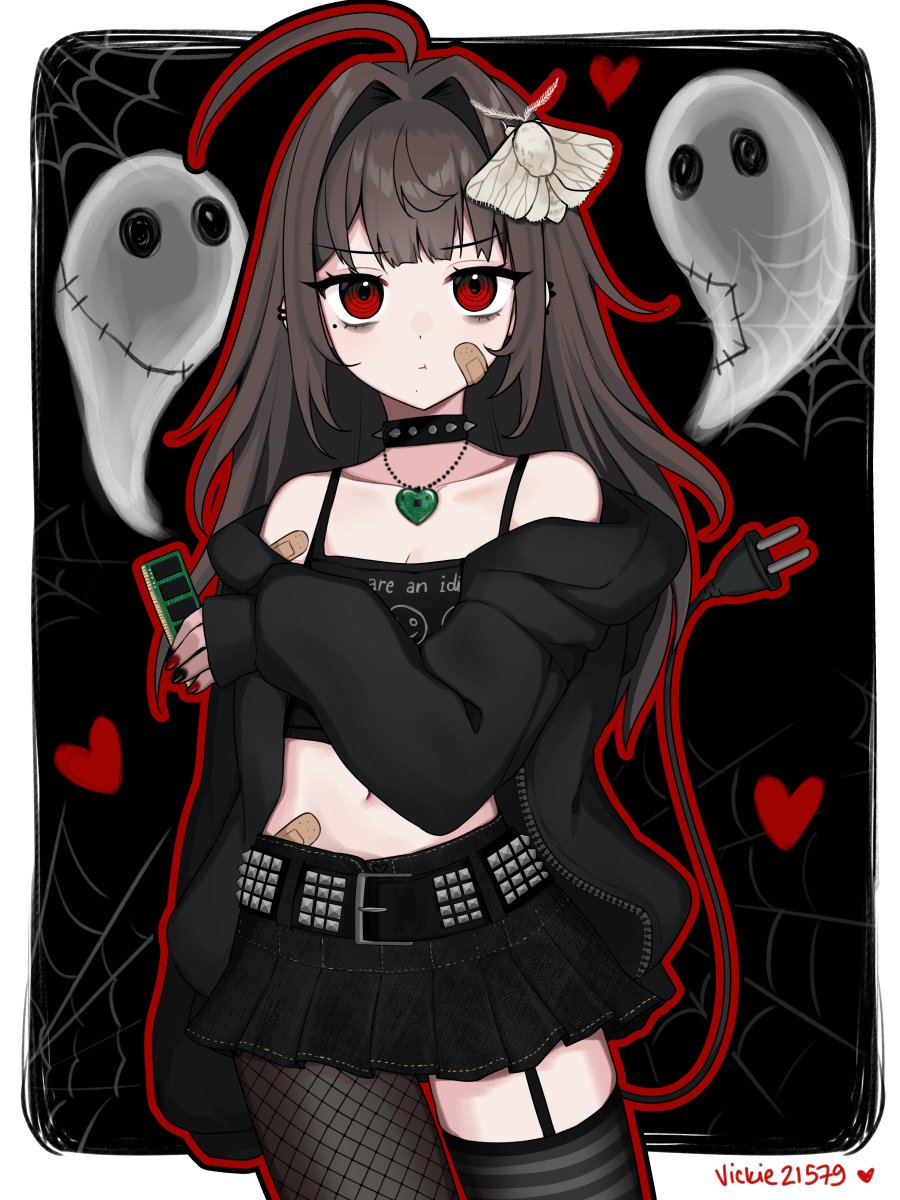 1girl ahoge animal animal_on_head artist_name asymmetrical_legwear bandaid bandaid_on_arm bandaid_on_cheek bandaid_on_face bare_shoulders belt belt_buckle black_background black_belt black_choker black_jacket black_nails black_shirt black_skirt border brown_hair buckle bug choker closed_mouth collarbone cowboy_shot cropped_shirt ear_piercing fishnet_pantyhose fishnets garter_straps ghost hair_intakes heart heart_necklace highres holding insect jacket jewelry long_hair long_sleeves looking_at_viewer midriff miniskirt mismatched_legwear mole mole_under_eye moth moth_on_head multicolored_nails nail_polish necklace off_shoulder on_head open_clothes open_jacket original outline outside_border pantyhose piercing ram_(computer) red_eyes red_nails red_outline shirt silk single_garter_strap single_leg_pantyhose single_thighhigh skirt sleeves_past_wrists solo spaghetti_strap spider_web spiked_choker spikes standing studded_belt thighhighs two-tone_nails vickie_(cryingrobot) vickie_(cryingrobot)_(character) white_border