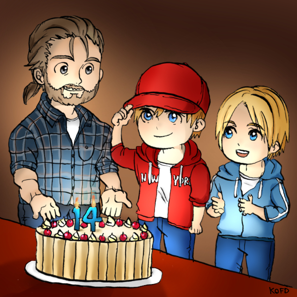 3boys aged_down andy_bogard blonde_hair cake fatal_fury food jeff_bogard multiple_boys terry_bogard