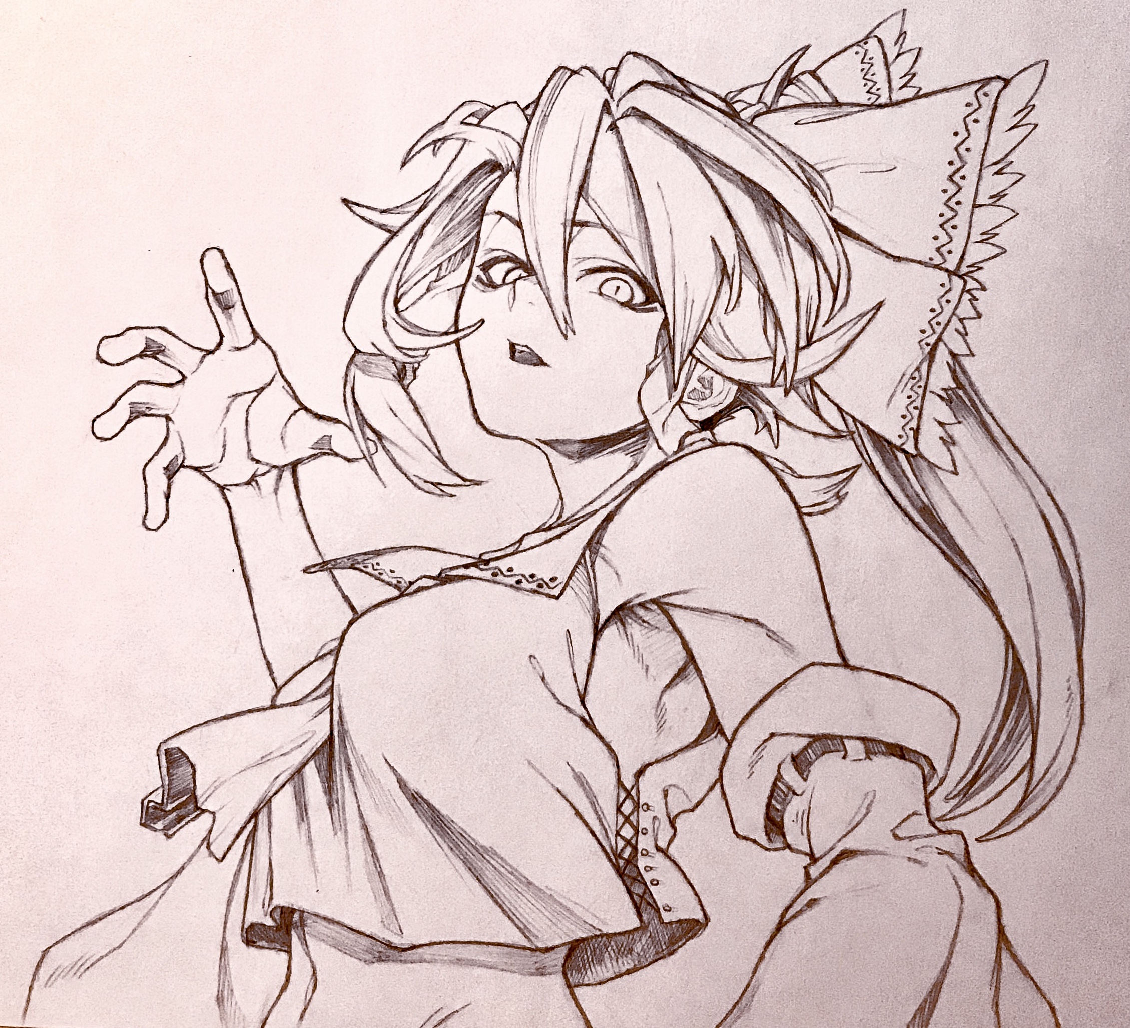 1girl akino_tsuki ascot ascot_between_breasts bare_shoulders between_breasts bow breasts clothes_between_breasts cropped_torso detached_sleeves frilled_bow frills hair_bow hair_tubes hakurei_reimu highres long_hair looking_at_viewer medium_breasts midriff monochrome ponytail simple_background slit_pupils touhou upper_body white_background