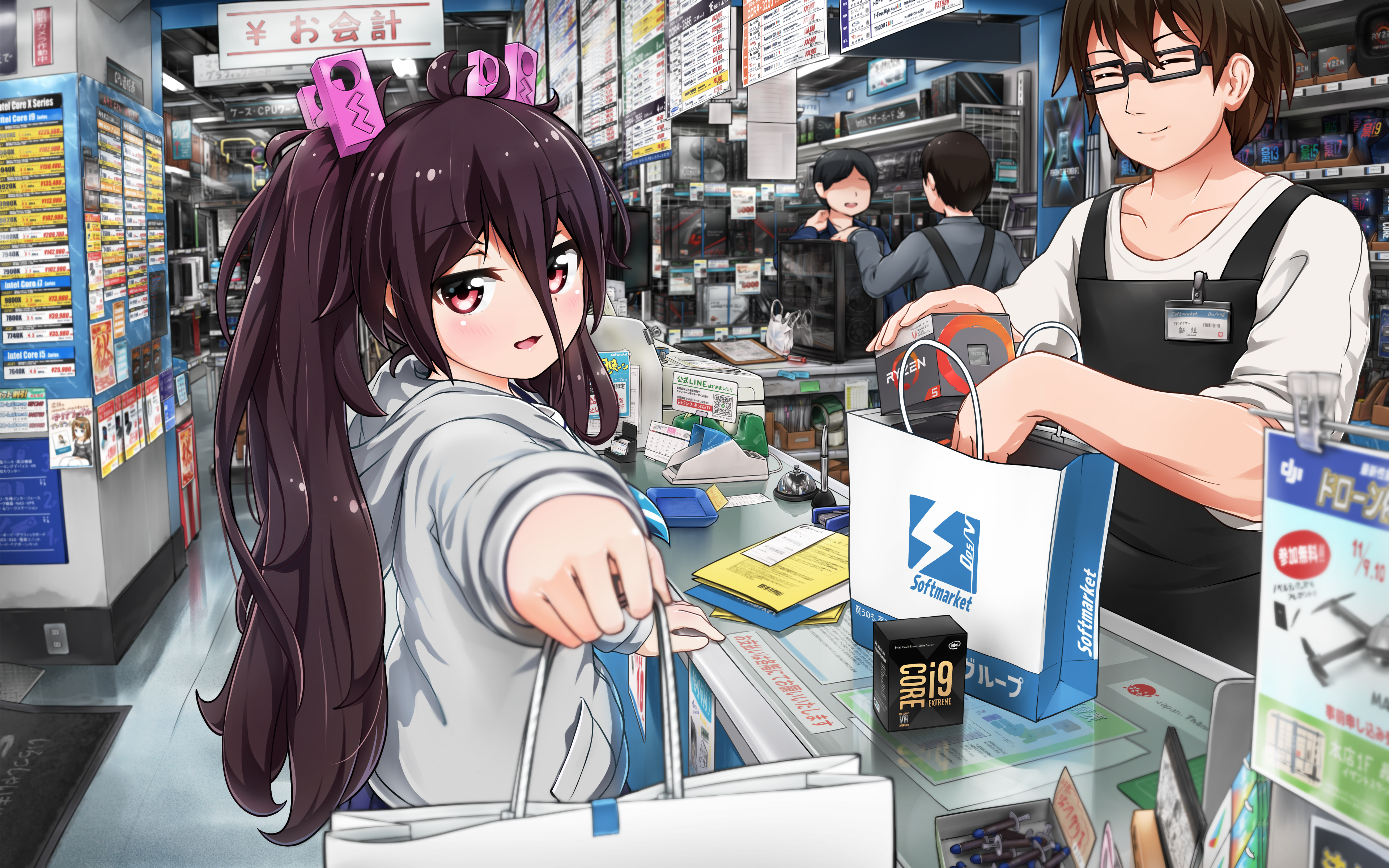1girl 3boys absurdres amd_ryzen bag battle_girl_high_school bell clip_studio_paint_(medium) closed_eyes foreshortening giving glasses grey_jacket hair_ornament hairclip highres hood hooded_jacket indoors jacket looking_at_viewer multiple_boys name_tag object_request open_mouth pen purple_hair red_eyes sensei_(battle_girl_high_school) shopping stapler tamanegi_(12030028) tape translation_request tsubuzaki_anko twintails