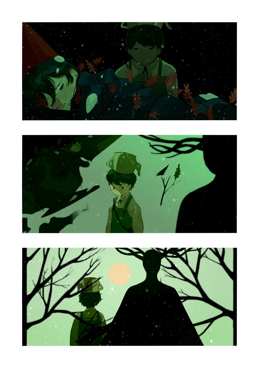 3boys antlers autumn_leaves bag bare_tree black_ribbon facing_away full_moon green_overalls green_theme gregory_(over_the_garden_wall) highres horns leaf male_focus moon multiple_boys naruysae over_the_garden_wall overalls ribbon shirt short_hair shoulder_bag snow snowing teapot the_beast_(over_the_garden_wall) tree white_shirt wirt_(over_the_garden_wall)