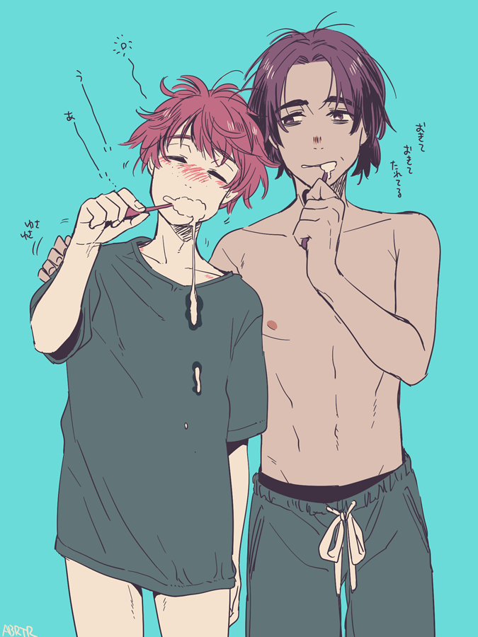 2boys bottomless brown_eyes brown_hair brushing_teeth closed_eyes dark-skinned_male dark_skin hand_on_another&#039;s_shoulder ji_guang-hong leo_de_la_iglesia male_focus multiple_boys shirt sleepy t-shirt toothbrush topless_male translated yukataro yuri!!!_on_ice