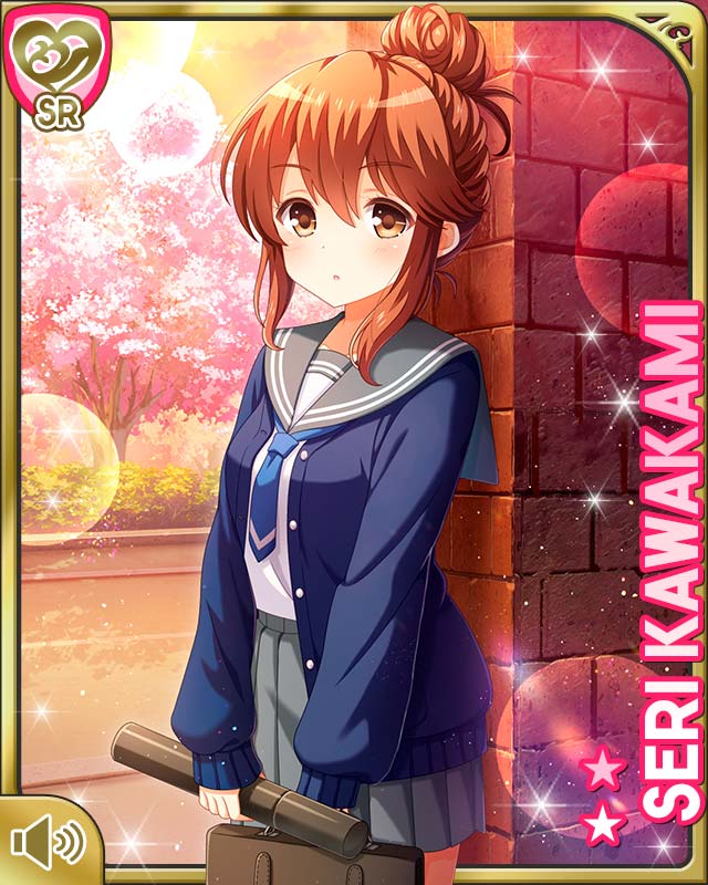 1girl :o bag blue_cardigan blue_neckwear brown_eyes brown_hair card_(medium) cardigan character_name day girlfriend_(kari) grey_skirt hair_bun kawakami_seri long_hair looking_at_viewer official_art open_mouth outdoors plaid_clothes pleated_skirt qp:flapper ribbon sailor_collar school_uniform shirt single_hair_bun skirt white_shirt