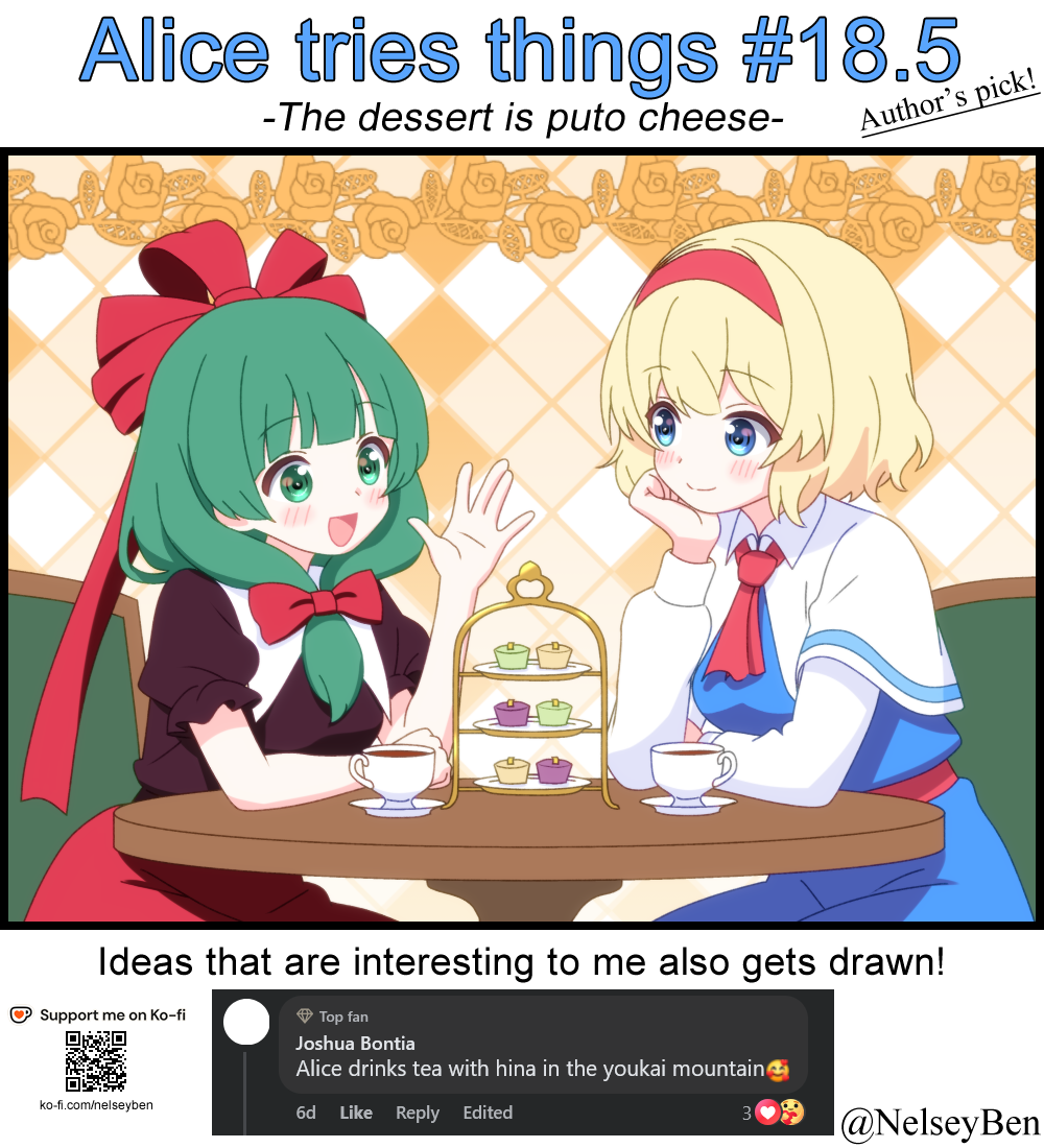 2girls alice_margatroid blonde_hair blue_dress blue_eyes blush bnelsey bow capelet closed_mouth commentary cup dress english_commentary english_text eye_contact food green_eyes green_hair hair_bow hair_ribbon hairband head_rest kagiyama_hina ko-fi_logo long_hair long_sleeves looking_at_another multiple_girls open_mouth plate qr_code red_bow red_hairband red_ribbon red_shirt red_skirt request_inset ribbon screenshot_inset shirt short_sleeves sitting skirt smile tea teacup tiered_tray touhou twitter_username white_capelet