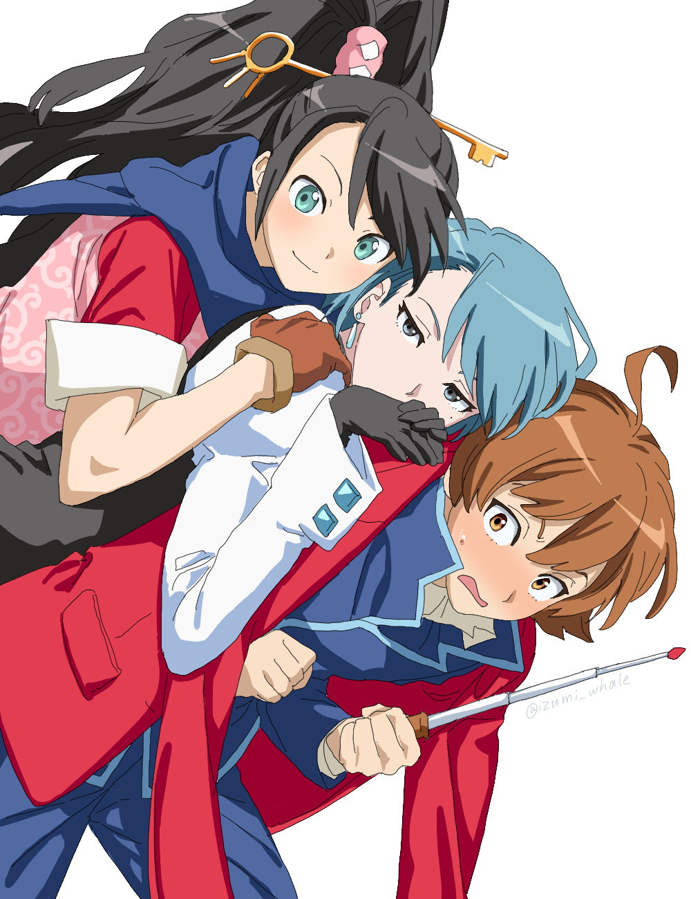 1boy 2girls ace_attorney ace_attorney_investigations ace_attorney_investigations_2:_prosecutor&#039;s_gambit ahoge black_gloves black_hair blue_eyes blue_hair blue_scarf blush brown_eyes brown_gloves brown_hair conductor_baton covered_mouth eustace_winner franziska_von_karma gloves green_eyes highres holding_baton izumi_whale jacket jacket_on_shoulders juliet_sleeves kay_faraday key_hair_ornament long_sleeves multiple_girls pink_shirt ponytail puffy_sleeves red_jacket scarf school_uniform shirt short_hair smile themis_legal_academy_school_uniform white_background