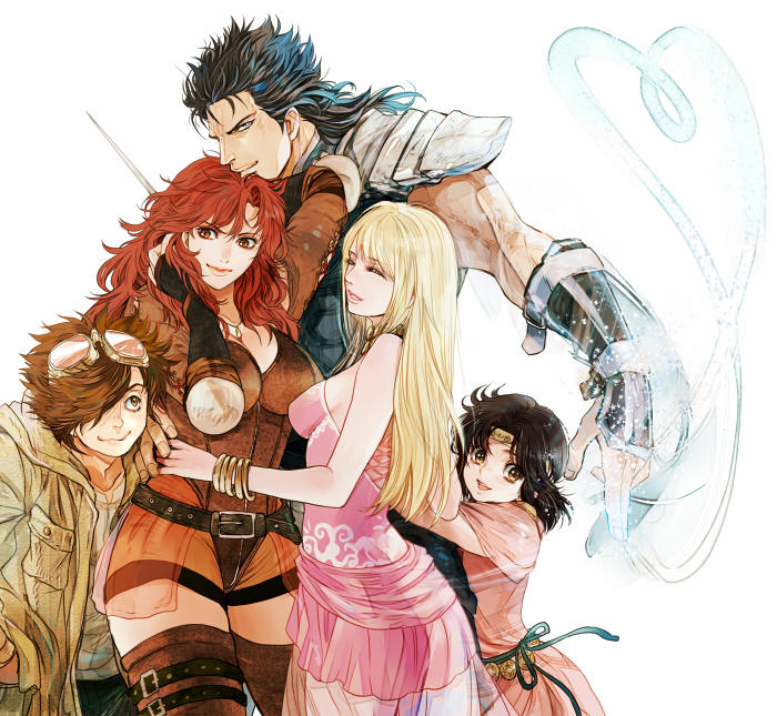 2boys 3girls airi_(hokuto_no_ken) bat_(hokuto_no_ken) black_hair blue_hair breasts brown_eyes brown_hair child closed_eyes goggles gradient_hair height_difference hokuto_no_ken isi88 jobo_(isi88) large_breasts lin_(hokuto_no_ken) long_hair mamiya_(hokuto_no_ken) medium_breasts multicolored_hair multiple_boys multiple_girls red_eyes red_hair rei_(hokuto_no_ken) short_hair siblings