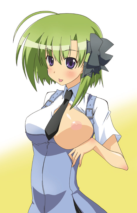 00s 1girl :p ahoge bow breast_slip breasts female_focus framed_breasts green_hair hair_bow large_breasts necktie nipples no_bra one_breast_out paopa_ship purple_eyes school_uniform shigure_asa short_hair shuffle! solo tongue tongue_out
