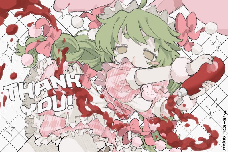 1girl :o animal_ears bad_id bad_twitter_id bottle bow brown_eyes clumsy commission dress green_hair hair_bow holding holding_bottle ketchup ketchup_bottle long_hair looking_at_viewer maid o_(pottypottp) open_mouth original pink_bow pink_dress pom_pom_(clothes) puffy_short_sleeves puffy_sleeves rabbit_ears short_sleeves solo sparkle spilling standing standing_on_one_leg thank_you thick_eyebrows thighhighs white_thighhighs wrist_cuffs
