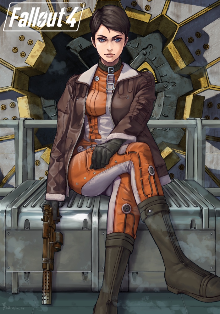 1girl black_gloves blue_eyes boots brown_boots brown_hair brown_jacket copyright_name crossed_legs fallout fallout_4 gloves gun holding holding_gun holding_weapon jacket jumpsuit logo looking_at_viewer open_clothes open_jacket orange_jumpsuit raikou_(yorimitsu) short_hair sitting solo two-tone_jumpsuit weapon white_jumpsuit